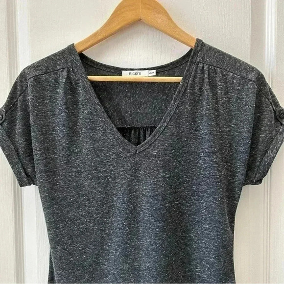 Ricki’s Linen Blend T-Shirt Loose Fit V Neck Short Sleeves Charcoal Grey Side XS - Picture 8 of 16